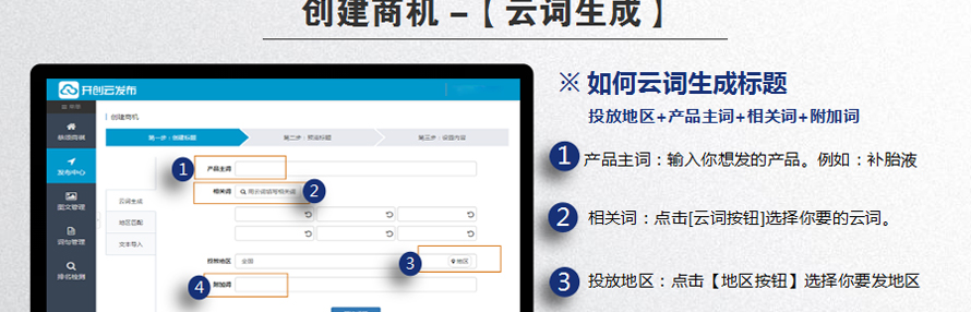 如何云词生成标题？ 1、产品主词：输入你想发的产品。例如：润滑剂；2、相关词：点击[云词按钮]选择你要的云词；3、投放地区：点击[地区按钮]选择你要发的地区；4、附加词：根据自己的需求选择。